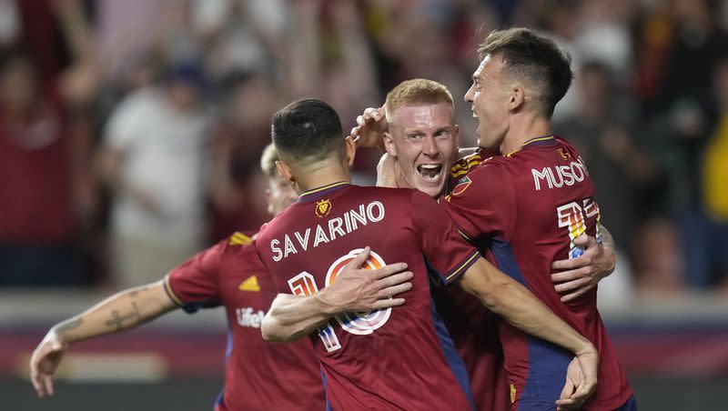 Real Salt Lake’s Justen Glad celebrates his goal against Minnesota United with Danny Musovski (17) and Jefferson Savarino (10) during the second half of an MLS soccer match Saturday, June 24, 2023, in Sandy, Utah.
