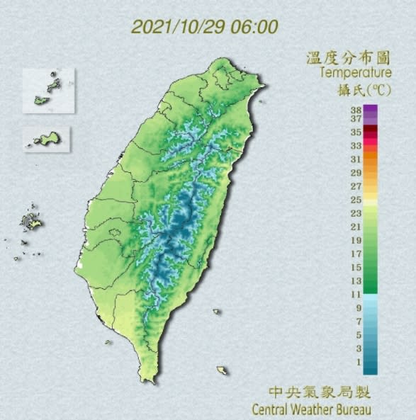 今晨最低溫在苗栗西湖鄉16.6度。（圖／翻攝自中央氣象局）