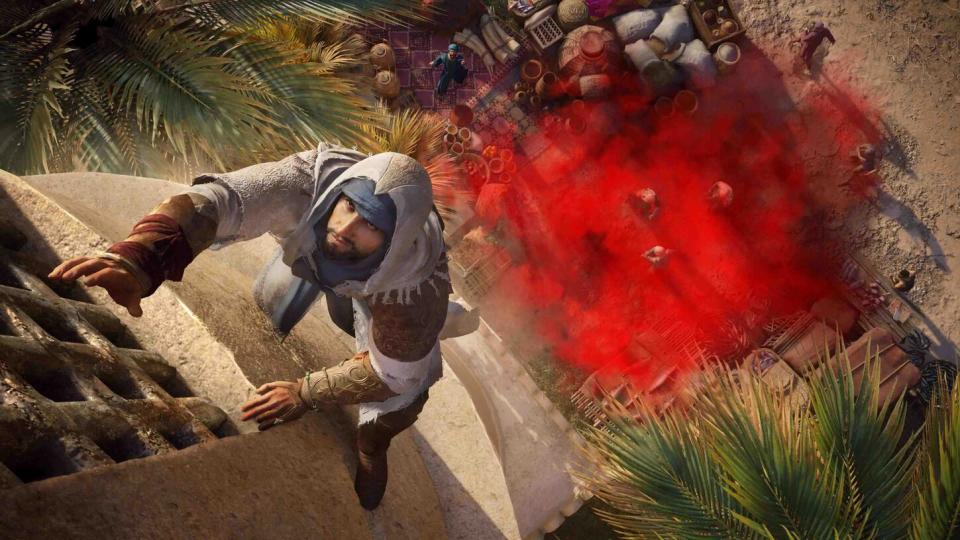 Assassin's Creed Mirage promotional screen. The protagonist climbs a tower in 9th century Baghdad. He has an evil grin on his face as a red cloud (smoke? blood?) can be seen among the people below.