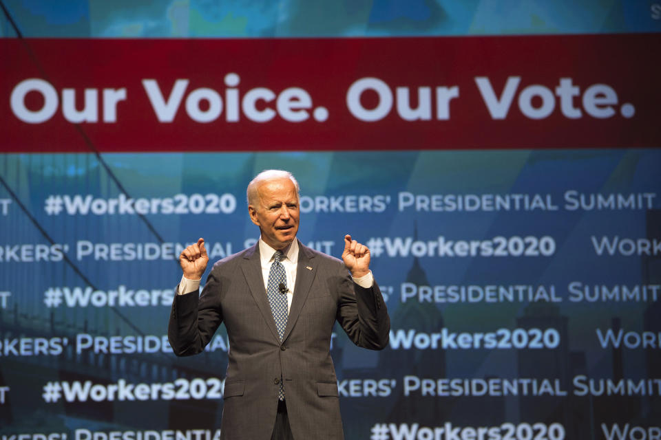 Democratic presidential candidate former Vice President Joe Biden speaks at the first-ever "Workers' Presidential Summit" at the Convention Center in Philadelphia, Tuesday, Sept. 17, 2019. The Philadelphia Council of the AFL-CIO hosted the event. (Tom Gralish/The Philadelphia Inquirer via AP)