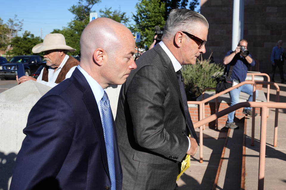 Actor Alec Baldwin, right, and attorney Luke Nikas, arrive for jury selection in his involuntary manslaughter trial, Tuesday, July 9, 2024, in Santa Fe, N.M. (AP Photo/Ross D. Franklin)