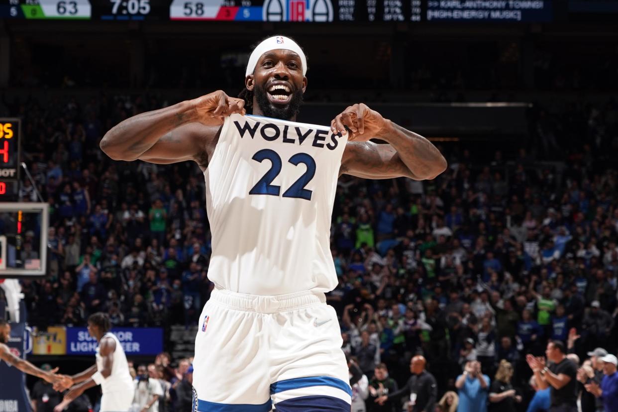 MINNEAPOLIS, MN - APRIL 12: Patrick Beverley #22 of the Minnesota Timberwolves celebrates against the LA Clippers during the 2022 Play-In Tournament on April 12, 2022 at Target Center in Minneapolis, Minnesota. NOTE TO USER: User expressly acknowledges and agrees that, by downloading and or using this Photograph, user is consenting to the terms and conditions of the Getty Images License Agreement. Mandatory Copyright Notice: Copyright 2022 NBAE (Photo by Jordan Johnson/NBAE via Getty Images)