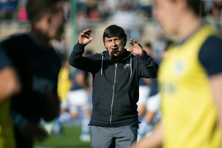 Daniel Hourcade, the head coach of Argentinian national rugby union team Los Pumas, watches their Test match against Wales, in San Juan, on June 9, 2018