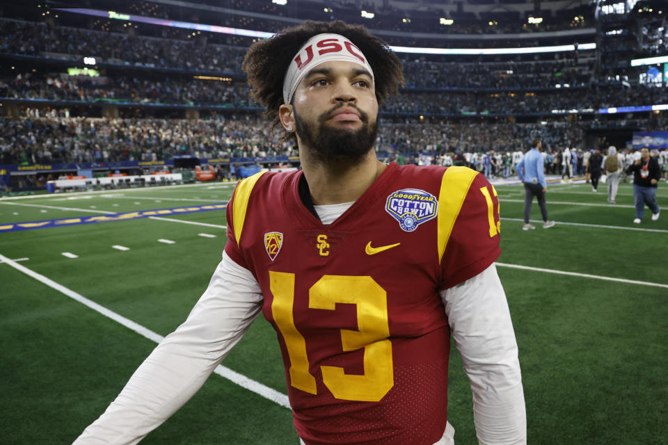 USC quarterback Caleb Williams is excited about the return of EA Sports' college football video game in 2024, but he also has some questions about it. (Tim Heitman-USA TODAY Sports)