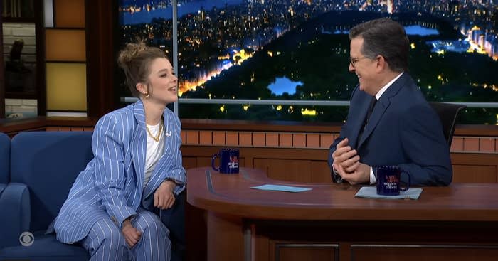 Claudia Jessie and Stephen Colbert on "The Late Show" chatting