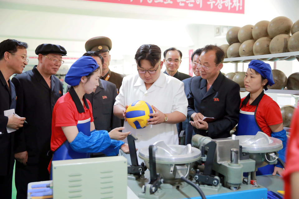 North Korean leader Kim Jong Un visits a newly built sports goods factory in Pyongyang in this undated photo released by North Korea's Korean Central News Agency (KCNA) on June 2, 2016.    KCNA/ via REUTERS     ATTENTION EDITORS - THIS PICTURE WAS PROVIDED BY A THIRD PARTY. REUTERS IS UNABLE TO INDEPENDENTLY VERIFY THE AUTHENTICITY, CONTENT, LOCATION OR DATE OF THIS IMAGE. FOR EDITORIAL USE ONLY. NOT FOR SALE FOR MARKETING OR ADVERTISING CAMPAIGNS. NO THIRD PARTY SALES. NOT FOR USE BY REUTERS THIRD PARTY DISTRIBUTORS. SOUTH KOREA OUT. NO COMMERCIAL OR EDITORIAL SALES IN SOUTH KOREA. THIS PICTURE IS DISTRIBUTED EXACTLY AS RECEIVED BY REUTERS, AS A SERVICE TO CLIENTS.     TPX IMAGES OF THE DAY     