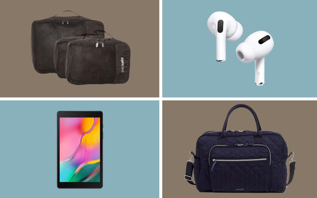 traveler bag, tablet, airpods