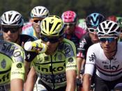 Tinkoff-Saxo rider Alberto Contador of Spain drinks as he rides during the 191.5-km (118.9 miles) 6th stage of the 102nd Tour de France cycling race from Abbeville to Le Havre, France, July 9, 2015. REUTERS/Eric Gaillard -