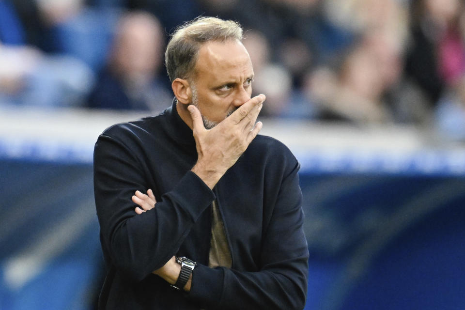 Hoffenheim coach Pellegrino Matarazzo reacts during the Bundesliga soccer match between TSG 1899 Hoffenheim and Werder Bremen, at the PreZero Arena in Sinsheim, Germany, Sunday, Sept. 29, 2024. (Uwe Anspach/dpa via AP)