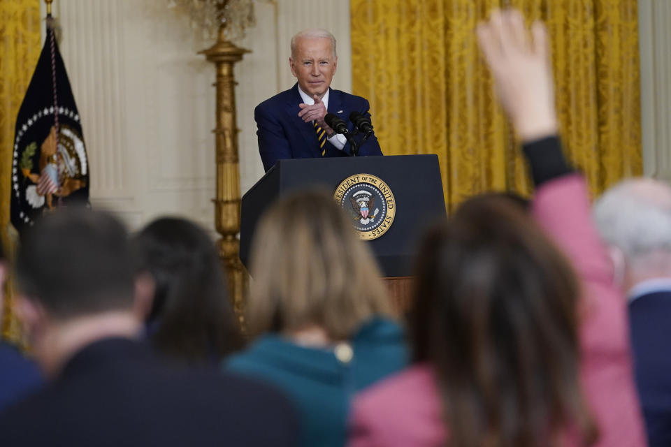 President Joe Biden call on a reporter to ask a question during a news conference in the East Room of the White House in Washington, Wednesday, Jan. 19, 2022. (AP Photo/Susan Walsh)