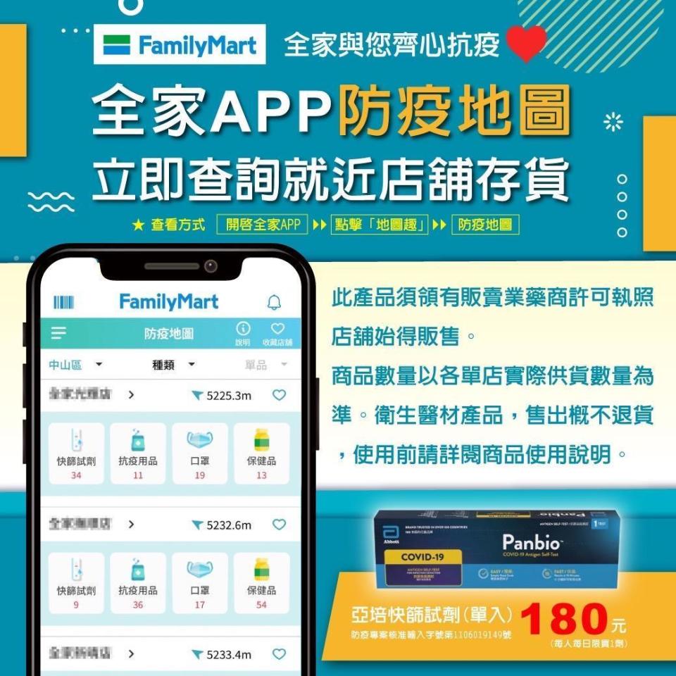 全家18日宣布，即日起中南部地區門市正式開賣「亞培快篩」。（翻攝自全家FamilyMart臉書）