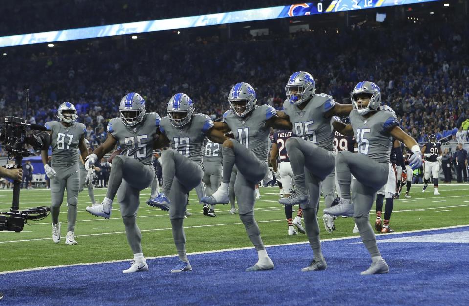 <p>The Detroit Lions form a dance line after a touchdown by wide receiver T.J. Jones (13) during the first half of an NFL football game against the Chicago Bears, Saturday, Dec. 16, 2017, in Detroit. (AP Photo/Rey Del Rio) </p>