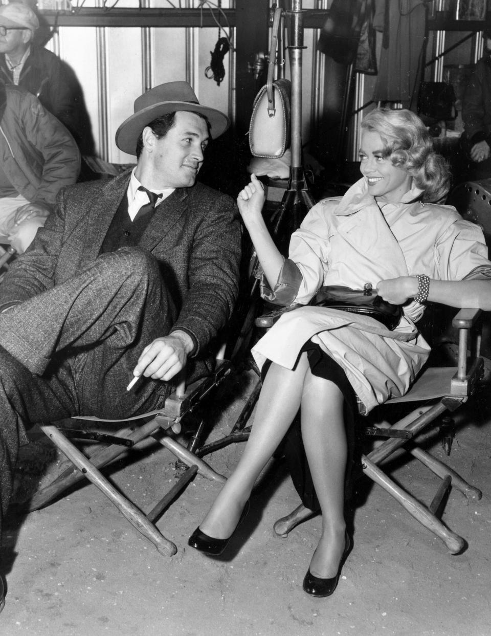 Rock Hudson and actress Dorothy Malone on the set of 1957's 'The Tarnished Angels.'