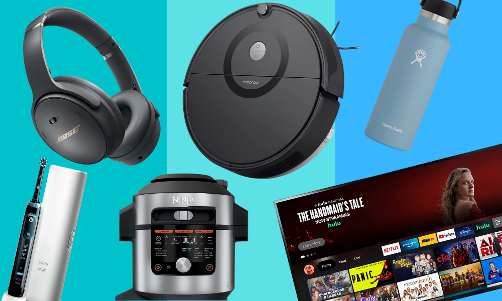 headphones, toothbrush, instant cooker, robot vacuum, tv, water bottle