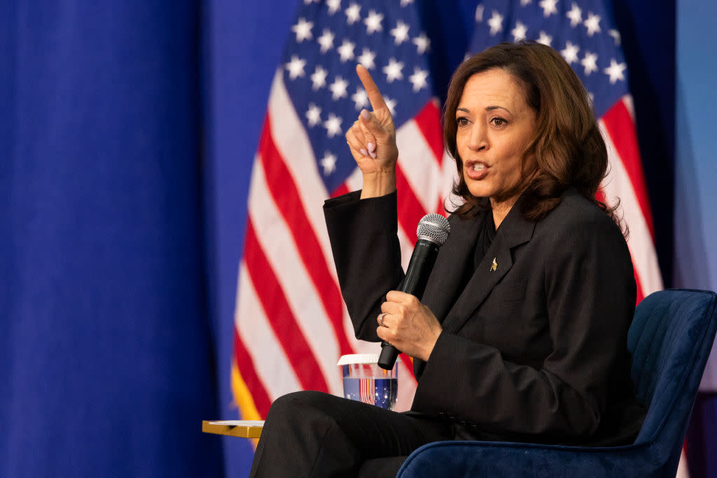 US Vice President Kamala Harris speaks about reproductive freedoms at Salus University in Elkins Park, Pennsylvania, on May 8, 2024. (Photo by RYAN COLLERD / AFP) (Photo by RYAN COLLERD/AFP via Getty Images)