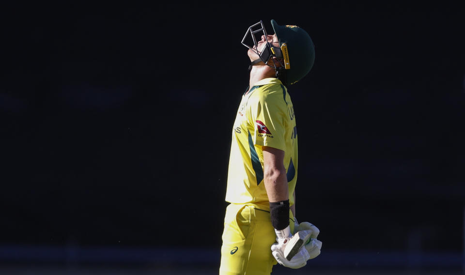 Australia's Marnus Labuschagne reacts after his dismissal during the fifth and final ODI cricket match between South Africa and Australia at the Wanderers Stadium in Johannesburg, South Africa, Sunday, Sept. 17, 2023. (AP Photo)