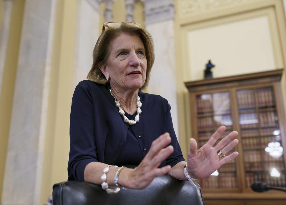 Sen. Shelley Moore Capito, R-W.Va., the GOP's lead negotiator on a counteroffer to President Joe Biden's infrastructure plan, attends a Senate Environment and Public Works Committee markup at the Capitol in Washington, Wednesday, May 26, 2021. The administration and Republican senators remain far apart over the size and scope of the investment needed to reboot the nation's roads, bridges and broadband. (AP Photo/J. Scott Applewhite)