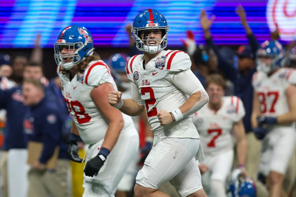 Dec 30, 2023; Atlanta, GA, USA; Mississippi Rebels quarterback Jaxson Dart (2) reacts after a touchdown throw against the Penn State Nittany Lions in the second half at Mercedes-Benz Stadium. Mandatory Credit: Brett Davis-USA TODAY Sports