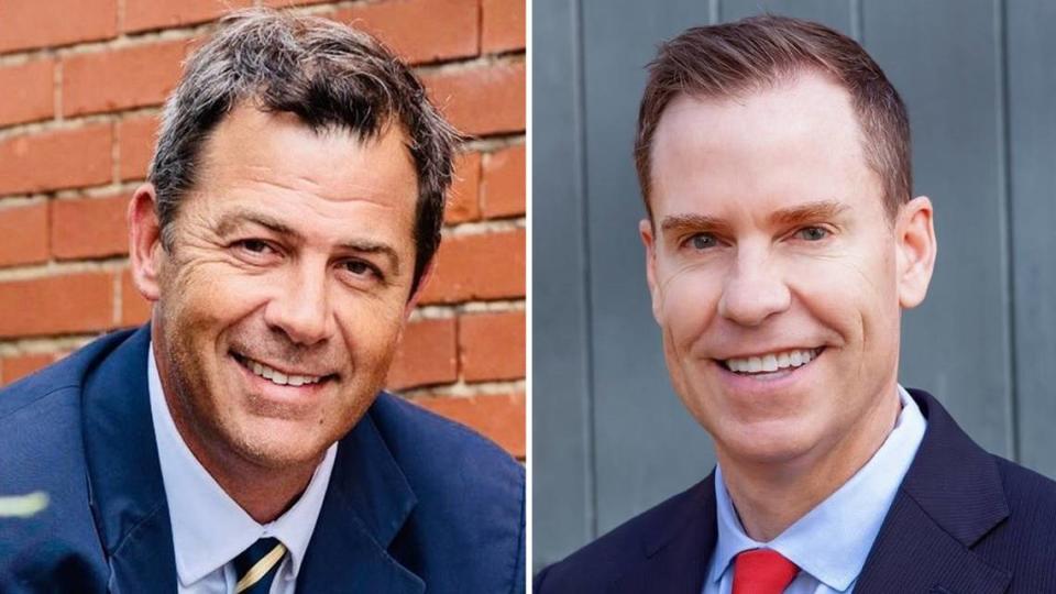 Hal Weatherman, left, and Jim O’Neill, right, are running against each other in the North Carolina runoff election for lieutenant governor on May 14, 2024.
