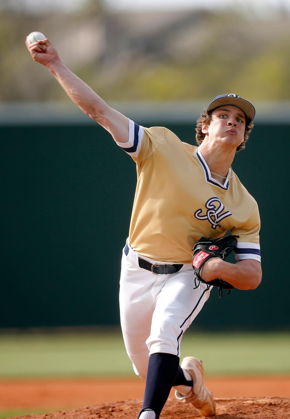 Heritage Hall's Jackson Jobe throws a pitch during a high school baseball game between Heritage Hall and Harrah at Heritage Hall High School in Oklahoma City, Tuesday, April 13, 2021. 
