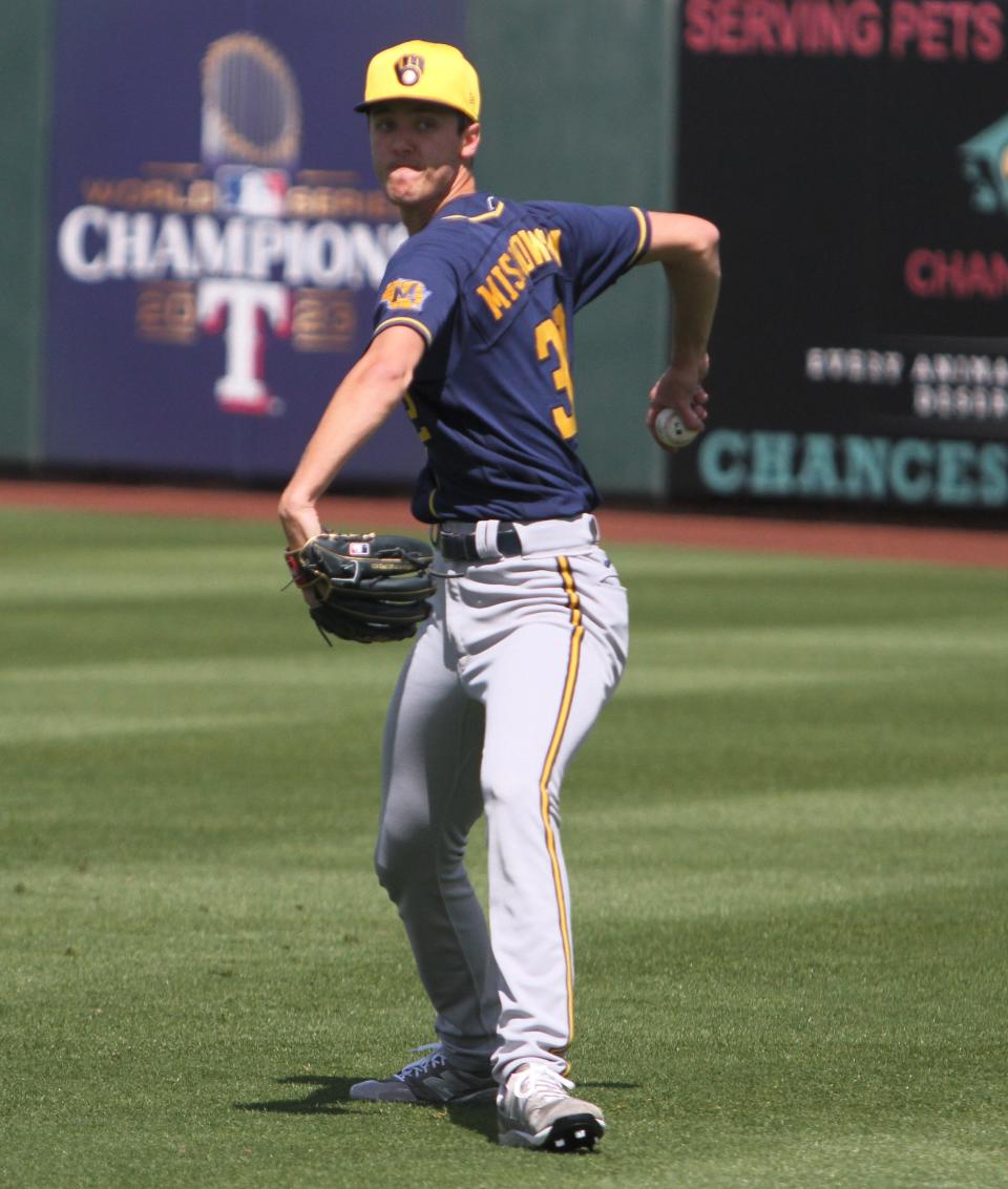 Milwaukee Brewers right-hander Jacob Misiorowski warms up before the team's Spring Breakout game on March 17, 2024 at Surprise Stadium.