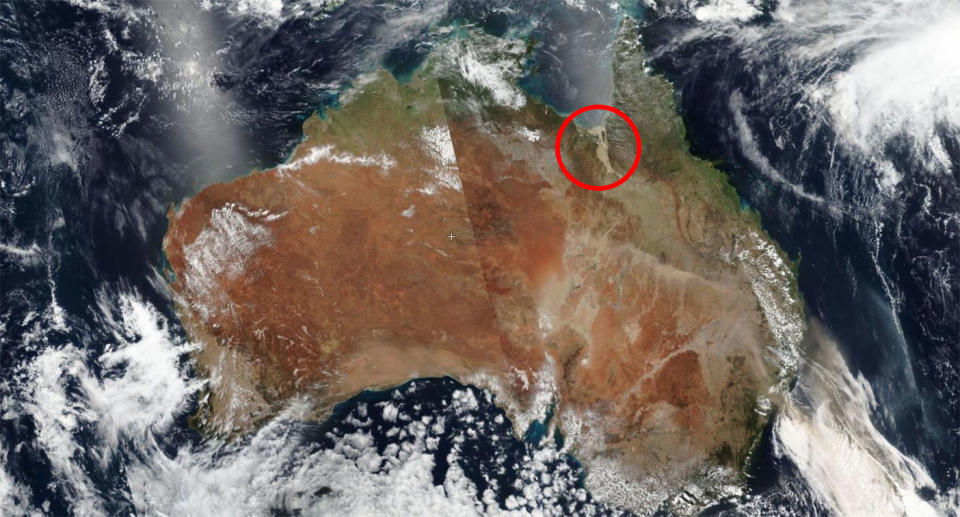 The swollen Flinders River has enveloped a series of other channels to create a 60-km wide ‘mega river’. Source: Zoom Earth