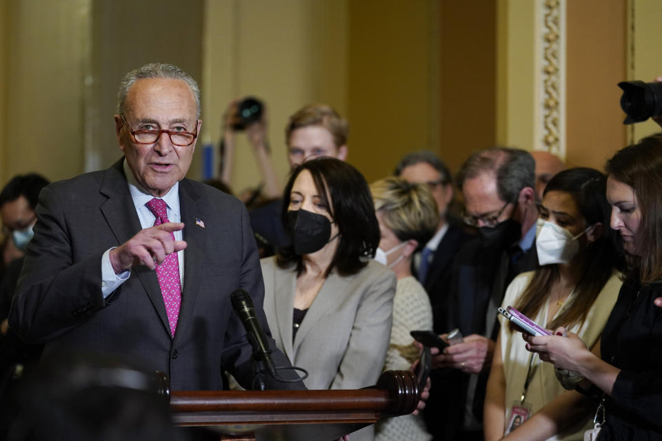 Senate Majority Leader Chuck Schumer of N.Y., speaks after the Democratic strategy weekly meeting, Tuesday, April 26, 2022, at the Capitol in Washington. (AP Photo/Mariam Zuhaib)