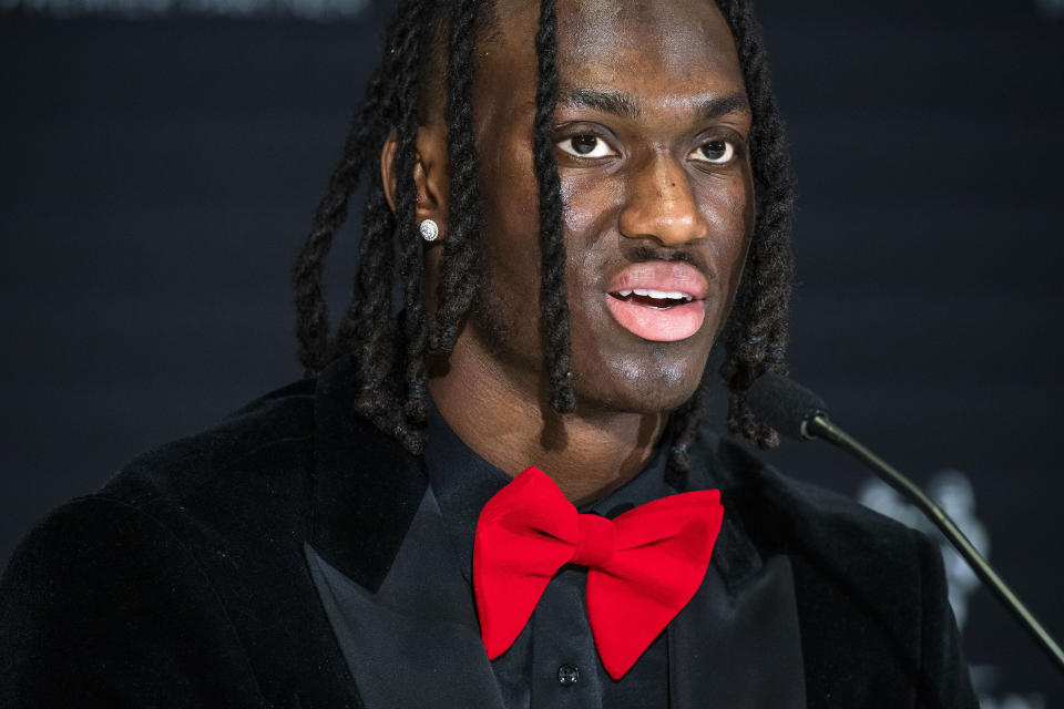 Ohio State wide receiver Marvin Harrison Jr., a Heisman Trophy finalist, speaks during a news conference before the award ceremony, Saturday, Dec. 9, 2023, in New York. (AP Photo/Eduardo Munoz Alvarez)