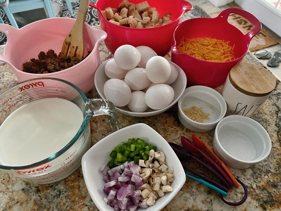 The ingredients for this old recipe include crumbled sausage and tons of chopped veggies. (Terri Peters)