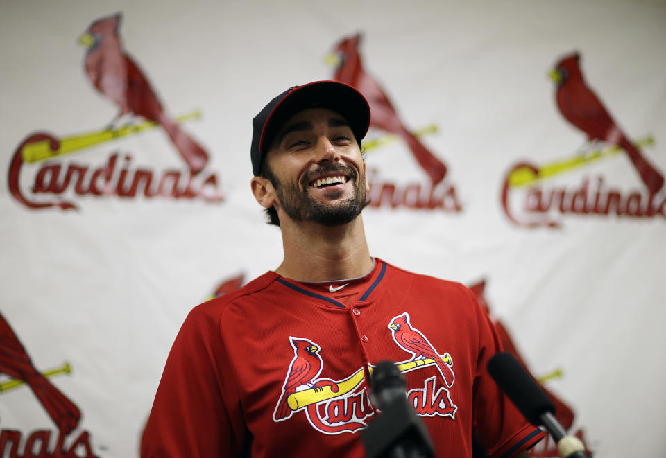 St. Louis Cardinals' Matt Carpenter speaks at a news conference at the team's spring training baseball facility, Saturday, March 8, 2014, in Jupiter, Fla. The Cardinals announced Saturday that they have agreed to a six-year contract extension with Carpenter for $52 million. (AP Photo/David Goldman)