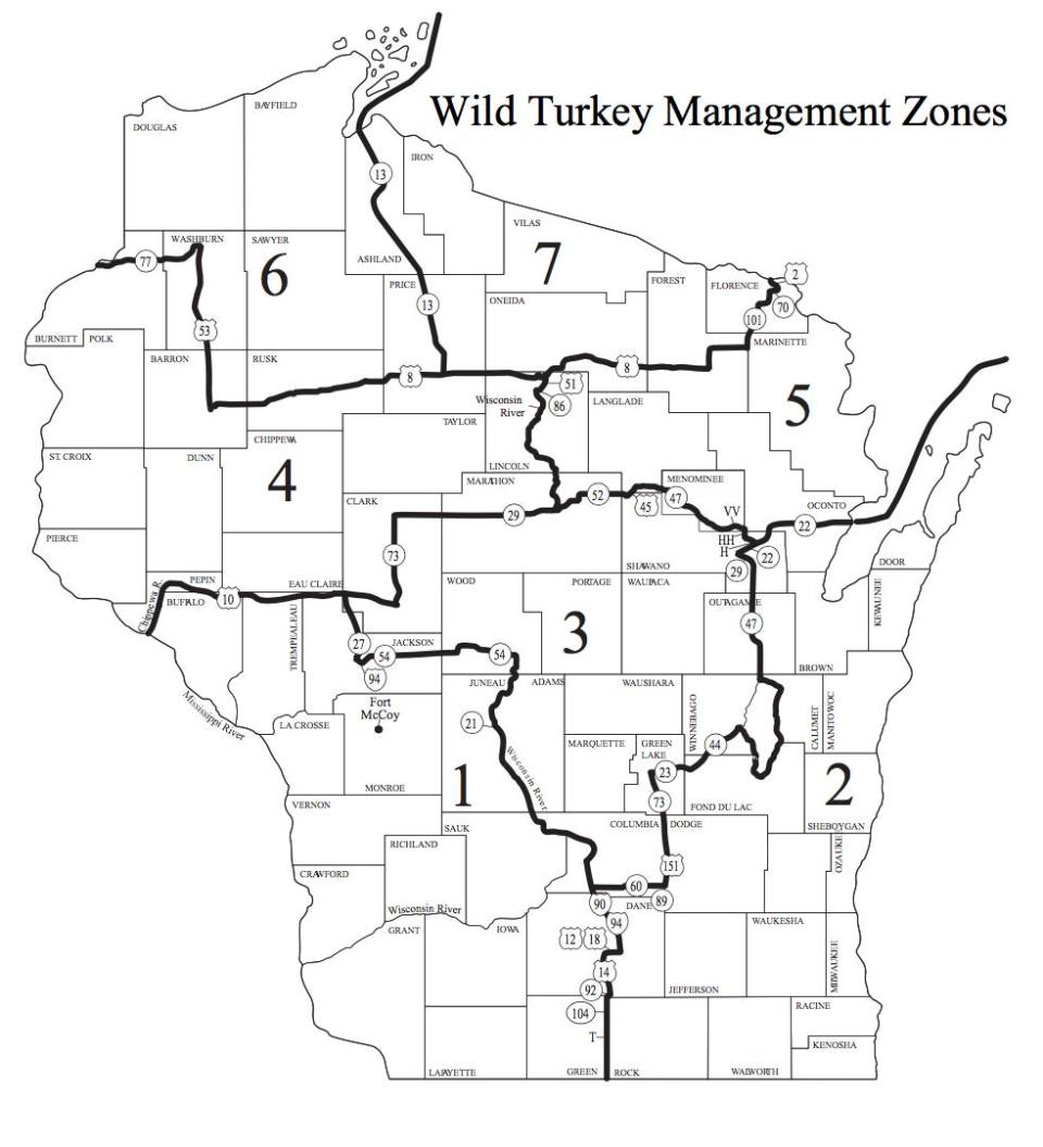 Wisconsin wild turkey management zones.