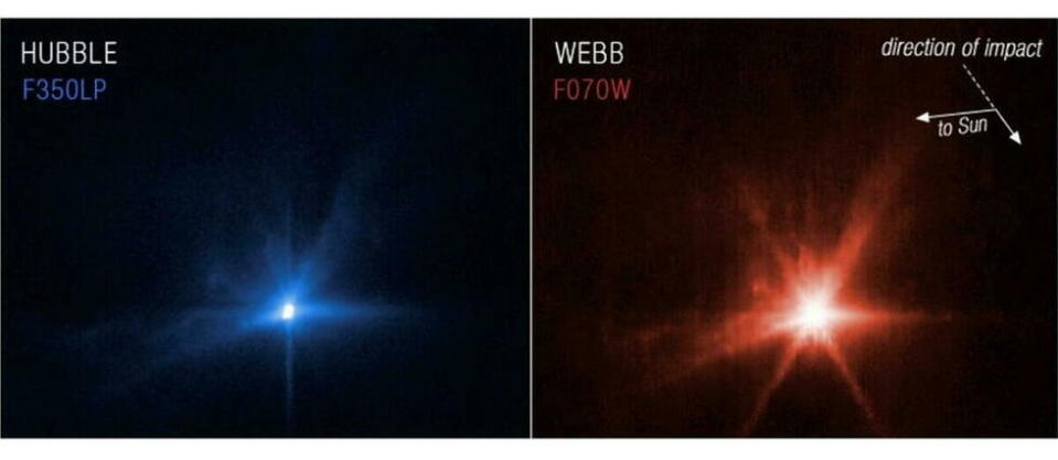 Pour la première fois, le télescope spatial James-Webb et le télescope spatial Hubble ont effectué des observations simultanées de la même cible : l'astéroïde double Didymos après l'impact volontaire de la sonde Dart contre sa lune Dimorphos.   - Credit:ESA/Webb / NASA, ESA, CSA, and STScI