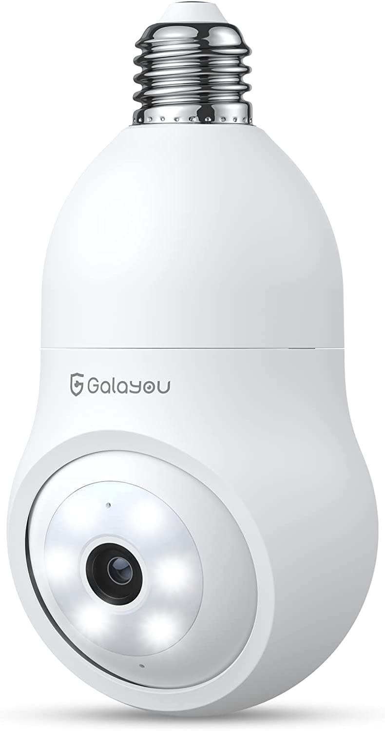 Galayou 2K Light Bulb Security Camera against white background.