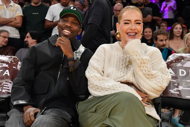 <p>Allen Berezovsky/Getty Images</p> Adele and partner Rich Paul at a Los Angeles Lakers game