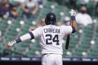 Detroit Tigers' Miguel Cabrera reacts after being called out on strikes during the third inning of a baseball game against the Minnesota Twins, Tuesday, April 6, 2021, in Detroit. (AP Photo/Carlos Osorio)