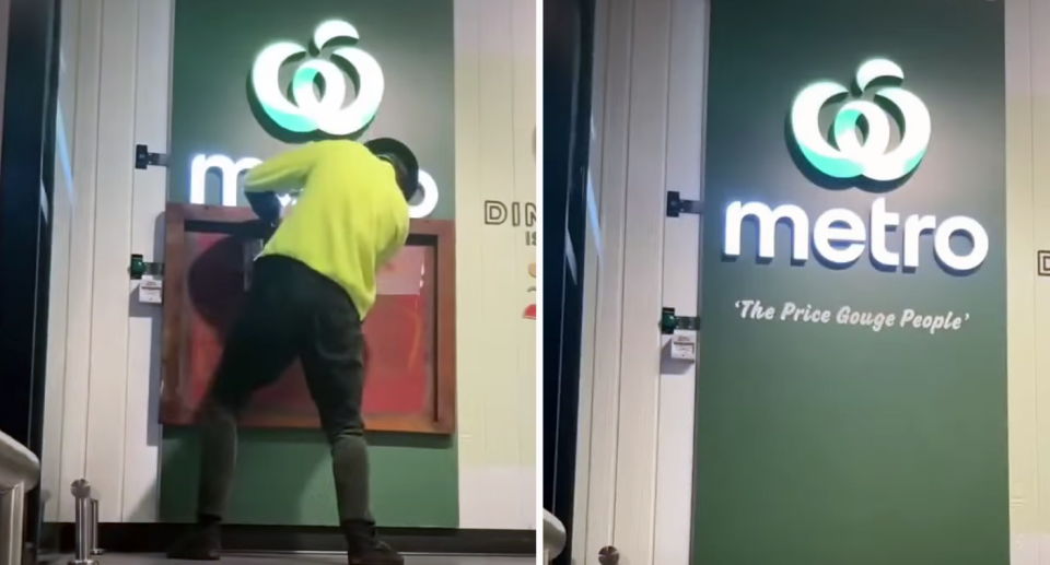 A man is seen vandalising a Woolworths storefront with the words 'The Price Gouge People'. 