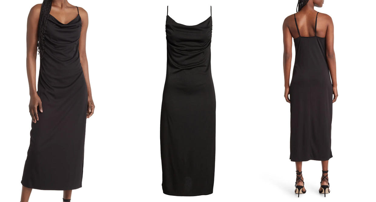 The Open Edit Ruched Maxi Dress from Nordstrom is available in black and purple.