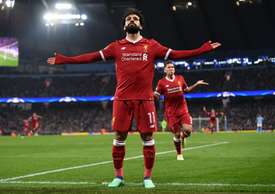 Mohamed Salah celebrates after scoring the vital away goal during the UEFA Champions League Quarter Final Second Leg match between Manchester City and Liverpool.