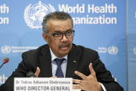 Tedros Adhanom Ghebreyesus, Director General of the World Health Organization (WHO), addresses a press conference about the update on COVID-19 at the World Health Organization headquarters in Geneva, Switzerland, Monday, Feb. 24, 2020. (Salvatore Di Nolfi/Keystone via AP)