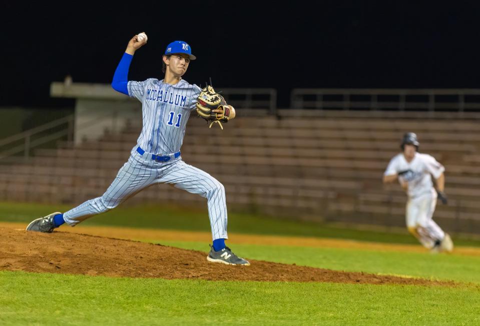 McCallum Knights relief pitcher Sam Stevens (11) during the during the eighth inning with the score 0-0 against the LASA Raptors at the District 24-5A baseball game on Monday, April 10, 2023, at Toney Burger Athletic Center in Austin, TX.