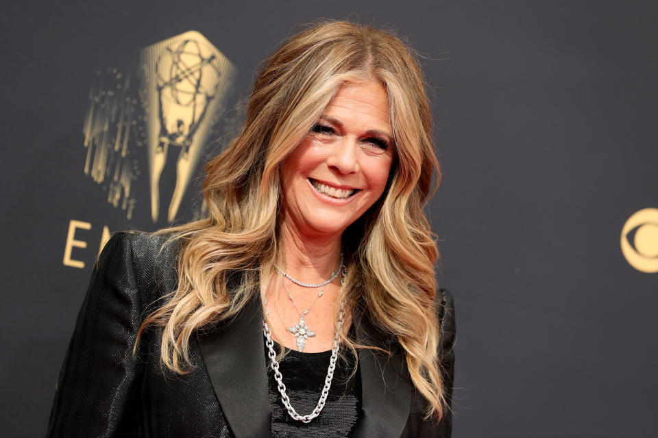 Rita Wilson wears black blazer and jewelry on Emmys red carpet