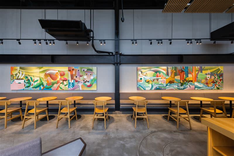 花蓮和平門市artwork藝術牆面，邀請出身泰雅族的「米路．哈勇」老師創作，以6幅小圖講述出生命的連結從一杯咖啡開始。（圖／品牌業者提供）