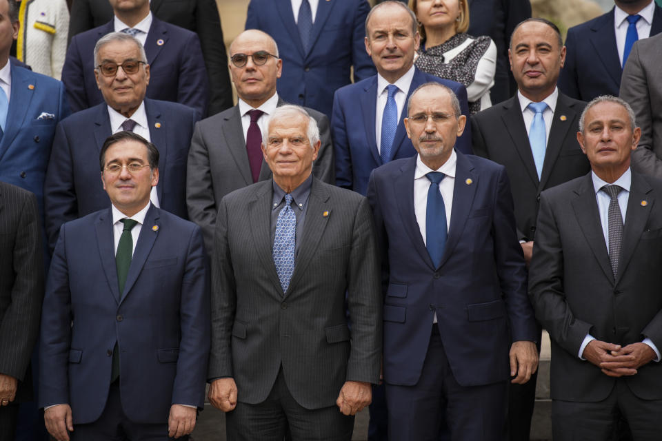 Front row from left to right: Spain's Foreign Minister Jose Manuel Albares, European Union foreign policy chief Josep Borrell, Jordan's Foreign Minister Ayman Safadi and Secretary General of the Union for the Mediterranean Nasser Kamel pose for a family picture with foreign ministers and delegation members of European Union member states, Middle East and northern Africa countries at the Union for the Mediterranean event in Barcelona, Spain, Monday, Nov. 27, 2023. (AP Photo/Emilio Morenatti)