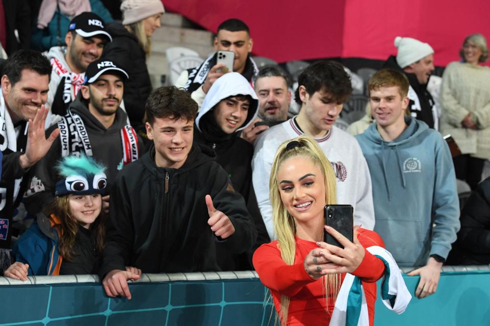 Switzerland's forward #23 Alisha Lehmann poses for selfie at the end of the Australia and New Zealand 2023 Women's World Cup Group A football match between Switzerland and New Zealand at Dunedin Stadium in Dunedin on July 30, 2023. (Photo by Sanka Vidanagama / AFP) (Photo by SANKA VIDANAGAMA/AFP via Getty Images)