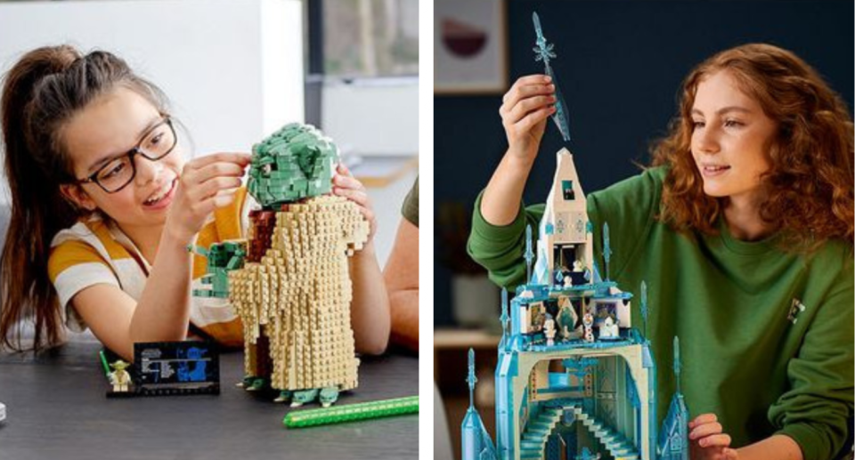 Left: A girl putting together a Master Yoda themed lego set. Right: A girl putting the finishing spire on a Frozen ice castle themed lego set