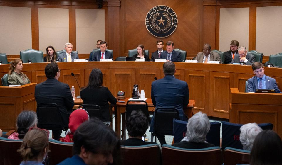 The Texas Senate Higher Education Subcommittee hears from UT student Levi Fox, center left, Anti-Defamation League Policy Director Courtney Toretto and First Amendment lawyer Steven T. Collis.