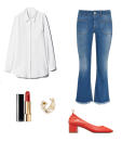 <p>Take a page from Isabelle’s book and go retro for the weekend. Pair your favorite flared jeans with a loose white button up. To jazz up the look, we suggest wearing a bold shoe, like these daytime heels from Everlane, and also wear a bold red lip. </p>