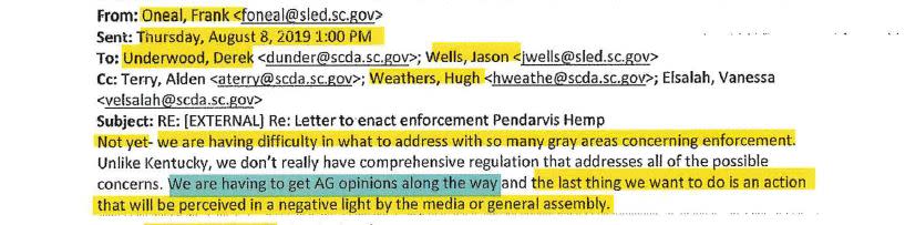 Trent Pendarvis’ federal civil rights lawsuit against SLED, the SCAG, and SCDA contains this August 8, 2019 email exchange between SLED Major Frank O’Neal, SLED Captain Jason Wells, and other members of the Ag Department — to include Commissioner Hugh Weathers. In it, O’Neal expresses concerns over doing anything that would “be perceived in a negative light by the media or general assembly.” (Source: Pendarvis lawsuit)