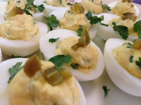 Latin deviled eggs with cilantro and jalapeno 