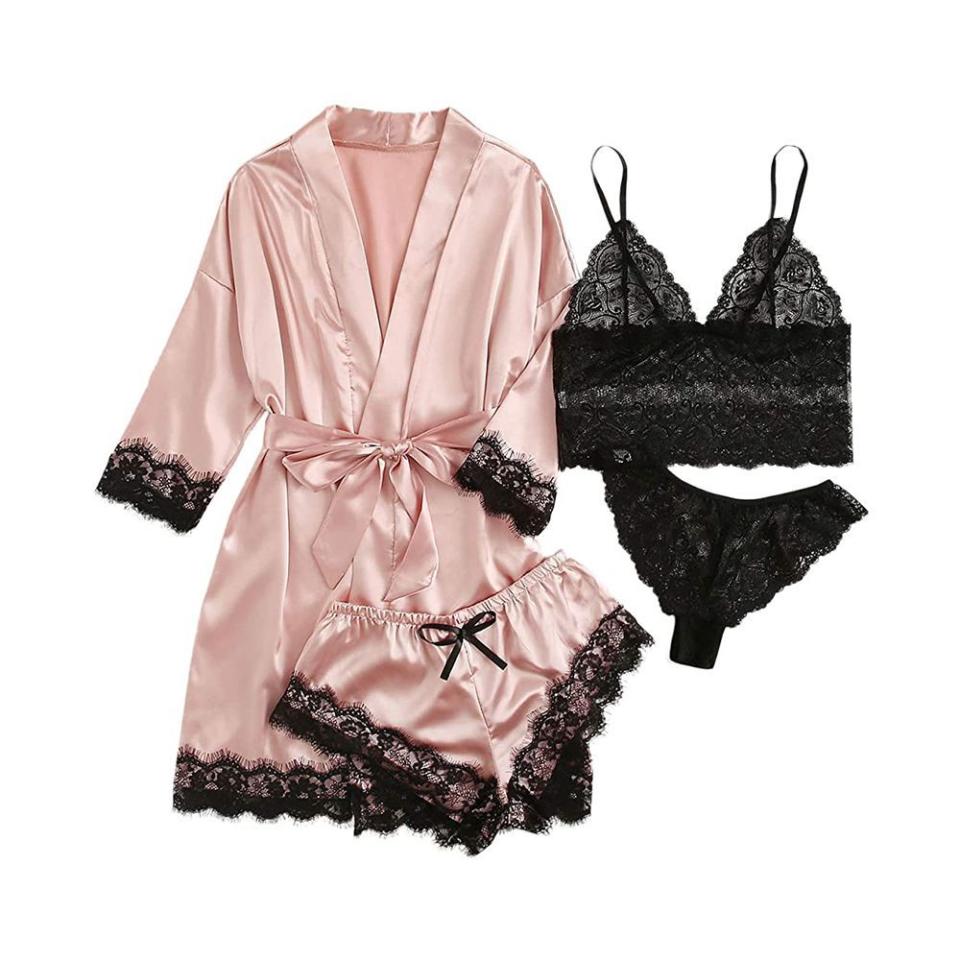 10) SOLY HUX Women's Sleepwear 4pcs Floral Lace Trim Satin Cami Pajama Set with Robe Pink Medium